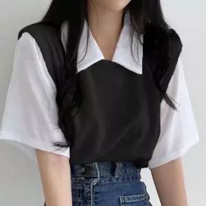 [하프클럽/]반팔 니트 레이어드 데일리 세트