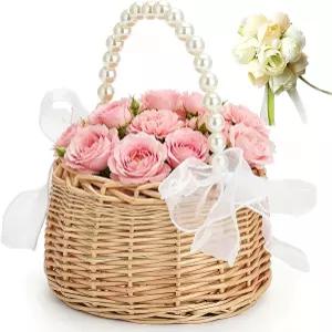 결혼식 신부 기념 파티 장식용 1PCS 위커 라탄 플라워 걸 바구니 진주 손잡이 활 요정 꽃 1