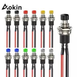 Aokin 6Pcs 1A 250V AC 2 핀 SPST 6 색 개방형 미니 순간 푸시 버튼 스위치 사전 납땜 와이어 포함