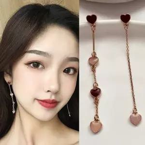하트 비대칭 드롭 체인 귀걸이 로즈골드