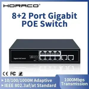HORACO 8 포트 1000Mbps POE 스위치 2 기가비트 업 링크 1000BASE-T RJ45 네트워킹 스위처 96W 허브 인터넷