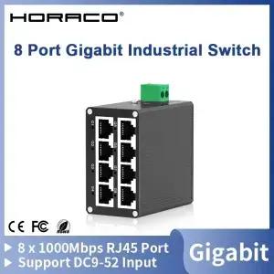 HORACO 8포트 기가비트 산업용 스위치 1000Mbps 네트워크 이더넷 DIN 레일 장착 플러그 앤 플레이