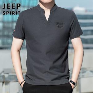 JEEP SPIRIT 2025 봄 여름 남성용 코튼 V넥 캐주얼 루즈 반팔 티셔츠