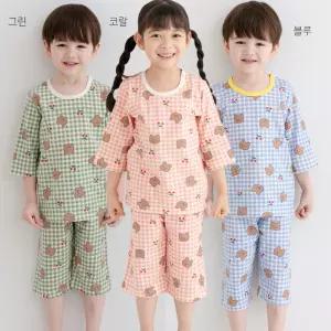 7부편면통큰잠옷_체크체리곰(그린/코랄/블루)
