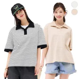 {체이스컬트} (2Color)OPEN 카라 세미오버 스트라이프 반팔 T-SHIRT