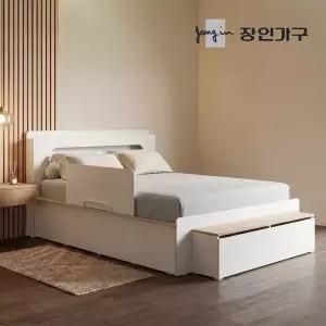 장인가구 엘리베어 리프트업 LED헤드 빅수납 침대 프레임 Q (높이 400)+수납계단+안전가드