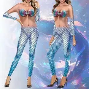 할로윈 인어 프레 의상 성인 휴일 파티 변장 한 바디 슈트 Oufit 물고기 비늘 점프 Catsuit