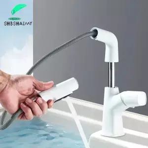 흰색 욕실 온수 냉수 싱크대 믹서 탭 스테인레스 스틸 페인트 사각형 대야 수도꼭지 단일 구멍 탭웨어 데크