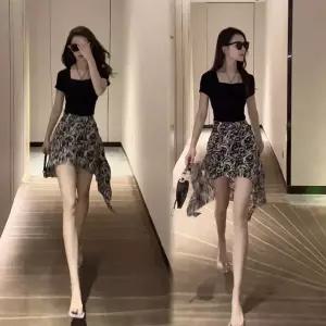 로즈무늬 스커트 블랙 반팔세트 라인댄스복 치마 여름