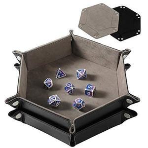 RPG DND 테이블 게임용 Grajar 2Pcs 휴대용 접이식 주사위 롤링 트레이 세트 - PU 가죽 및 벨벳 홀더 보관함 블랙 앤 그레이 u2026