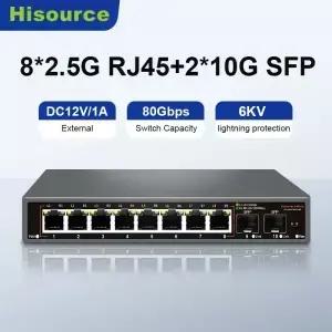Hisource 2.5G 비POE 네트워크 스위치 8포트 이더넷 2개의 10G SFP 포함 IP 카메라/NVR용