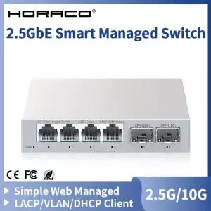 HORACO 2.5GbE 스마트 관리형 스위치 4 포트 RJ45 2500Mbps 웹 이더넷 네트워크 2 10G SFP 슬롯 홈 랩