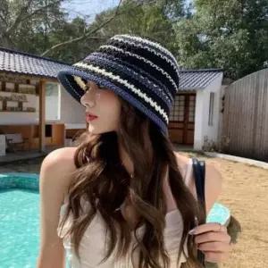 여자 여름 통풍 스트라이프 니트 펀칭 여성 버킷햇 비치캡 왕골모자