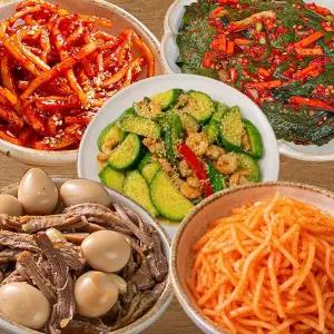 누리웰 반찬 5종 세트(진미채+메추리알장조림+애호박 새우볶음+무생채+깻잎김치)