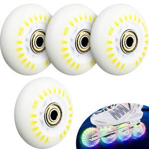 코스모스 4팩 64MM 라이트 업 인라인 스케이트 휠 플래시 롤러 휠 실내 실외 스케이트용 ABEC-9 베어링이 장착된 90A 블레이드 교체 휠(레인보우 컬러 라이트)