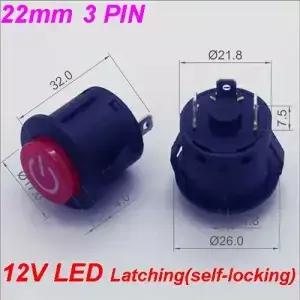 1PC 22MM 전원 3PIN 래칭/자동 빛나는 빨간색 플라스틱 푸시 버튼 스위치 LED 12V 패널 표시