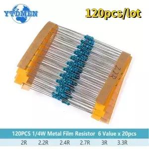 120pcs 1/4W 1 금속 필름 저항 자동차 에어백 수리 저항기 2ohm 6 유형 키트 0.25W