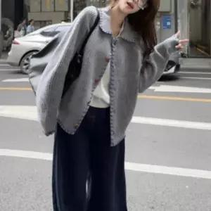 여성 스티치 카라 니트 가디건 꾸안꾸 봄가을 오픈카라 아우터