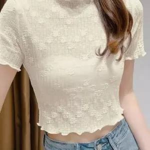 라운드 프릴 플라워 시스루 이너 크롭반팔티