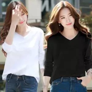 여성 루즈핏 브이넥 라운드넥 무지 긴팔 티셔츠