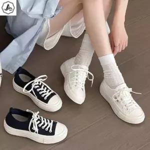[애슬릿] 통굽 스니커즈 새틴 레이스업 발편한 키높이 화이트 단화 4cm