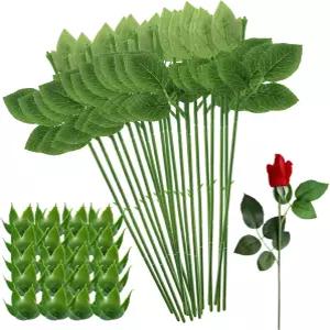 꽃 장미 장식 DIY 공예 꽃다발 제작 및 꽃꽂이 용품을 위한 잎이 달린 HLTOO 20PCS 꽃줄 줄기 인공 꽃받침