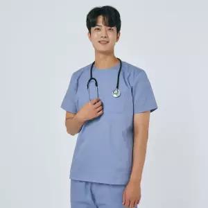 남성 쿨스판 크루넥 스크럽 상의 간호사 의사 병원 수술복 (인디고)