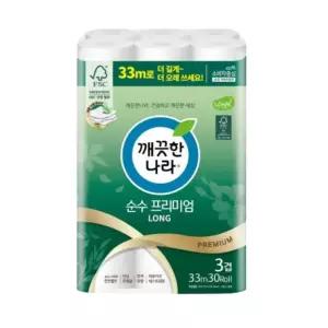 깨끗한나라 순수프리미엄 롱 33m 3겹 30롤 물에 잘녹는 화장지 휴지, 1팩
