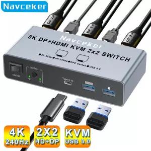 Navceker 4K 240Hz 2x2 HDMI DP KVM 스위치 듀얼 모니터 확장 디스플레이 USB KVM 스위처 2 in 2 out for