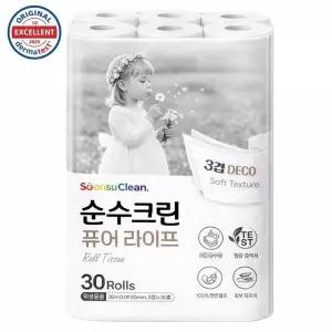 [NS홈쇼핑]순수크린 퓨어라이프 30m x 30롤 천연펄프 100% 롤화장지 도톰한 데코3겹 두루말이 프리미엄..