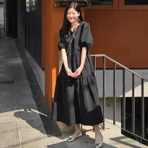 플레어 캉캉 셔링 퍼프 반팔 롱 원피스 여성 빅사이즈