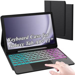 삼성 갤럭시 탭 A9 Plus / A9+ 11인치 2023-7 컬러 레인보우 터치패드 분리형 마그네틱 키보드 케이스, 5G용 S펜 홀더가 있는 슬림 블랙