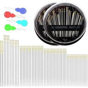 손 바느질 수리용 프리미엄 바느질 날카로운 바늘 60팩, 6가지 크기의 다양한 바늘 4개(랜덤 색상), 큰 눈 스티칭 바늘, 자수 바늘, 바느질 바늘