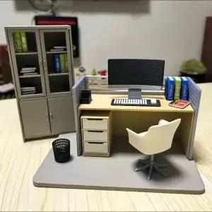 2 스케일 오 장면 모델 파일링 캐비닛 컴퓨터 책상 및 의자 세트 인형 집 작업 홈 데코 장식