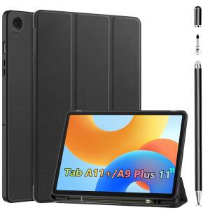 삼성 갤럭시 탭 A11+ /A9 플러스 11인치용 케이스+스타일러스 펜 A9+ /A11 태블릿 보호 가죽 케이스 오토 웨이크/슬립 하니콤 방열(블랙 )용 펜 슬롯 슬림 내장