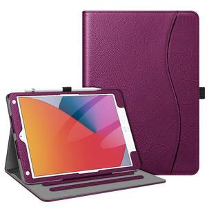 IPAD 9세대/8세대/7세대용 핀티 케이스 (2021/2020/2019) 10.2인치 - [코너 보호] 포켓 및 연필 홀더가 있는 멀티 앵글 뷰잉 스탠드 커버 자동 슬립 웨이크 퍼플