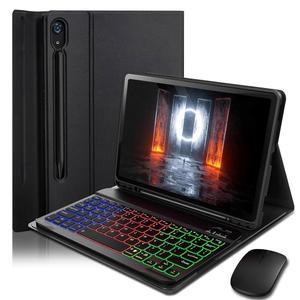 삼성 갤럭시탭 케이스 S10 라이트 / FE S9 S8 10.9-11인치 커버용 키보드 - 마우스가 있는 S 펜 홀더가 7색 레인보우 체인지 백라이트 탈착식 자석 블랙
