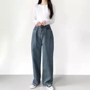 청순 사선 절개 여성 세미 와이드 데님 팬츠