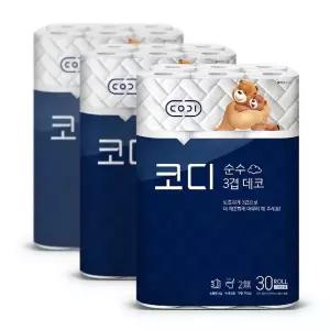 코디 순수 3겹 데코 화장지 30m 30롤 3팩