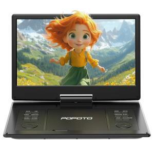POFOTO 15.7인치 휴대용 DVD 플레이어, 14.1인치 디스크 듀얼 회전 USB [블루레이를 HD 않음] 형식 /SD 다양한 지원하지 블랙 스피커, 동기화, 스크린, 6시간 배터리, 충전식 지원, /TV
