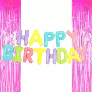 은박 풍선 생일 마카롱 + 커튼 오로라핑크 세트 파티레터링 알파벳 장식 칼라 컬러 용품 홈파티 수술 벽장