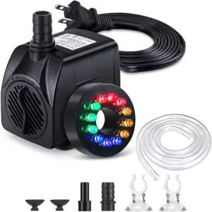 LED 조명이 장착된 CWKJ 분수 펌프 220GPH 15W 900L/H 잠수식 물 6.5피트 튜브(ID x 1/3인치)가 내구성