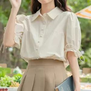 데일리 퍼프 소매 벌룬 리본 블라우스 캐주얼 카라넥룩 오피스 데이트 스트링 라운드 버튼 주름 포켓 10대