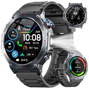 남성 군용 스마트 워치 LED 손전등 나침반이 내장된 GPS 1.43인치 AMOLED 디스플레이 5ATM 방수 헬스 트래커 심박수 / 수면 혈중 산소 안드로이드 용 시계 블랙