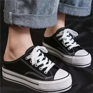 여성 뮬 슬리퍼 5.5cm 뮬 슬리퍼 캔버스 스니커즈 블로퍼 단화 라운드 키높이 패브릭