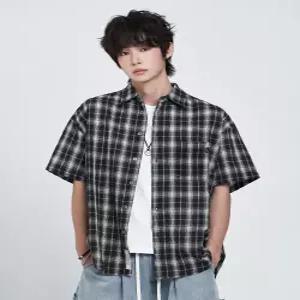 체크 오버핏 반팔 셔츠 블랙