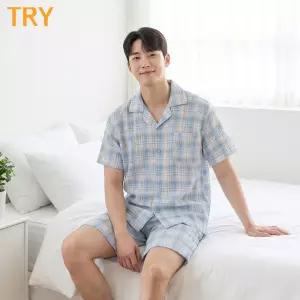 트라이 남성 K14 시어서커 반팔 반바지 파자마세트 여름 잠옷 지지미 체크 홈웨어 시원한 실내복