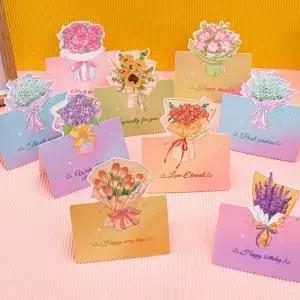 30pcs 꽃 꽃다발 인사말 카드 결혼식을위한 다채로운 종이 스탠딩 노트 생일 파티 축제 축하 선물 장식