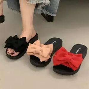 [메르나뛰] 자체제작 왕리본 패브릭 러블리 사무실 여성 통굽 리본 슬리퍼 낮은굽 높은굽
