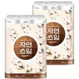 더 도톰한 자연쓰임 코튼 무형광 화장지 3겹 27m 30롤 2팩, 총 60롤